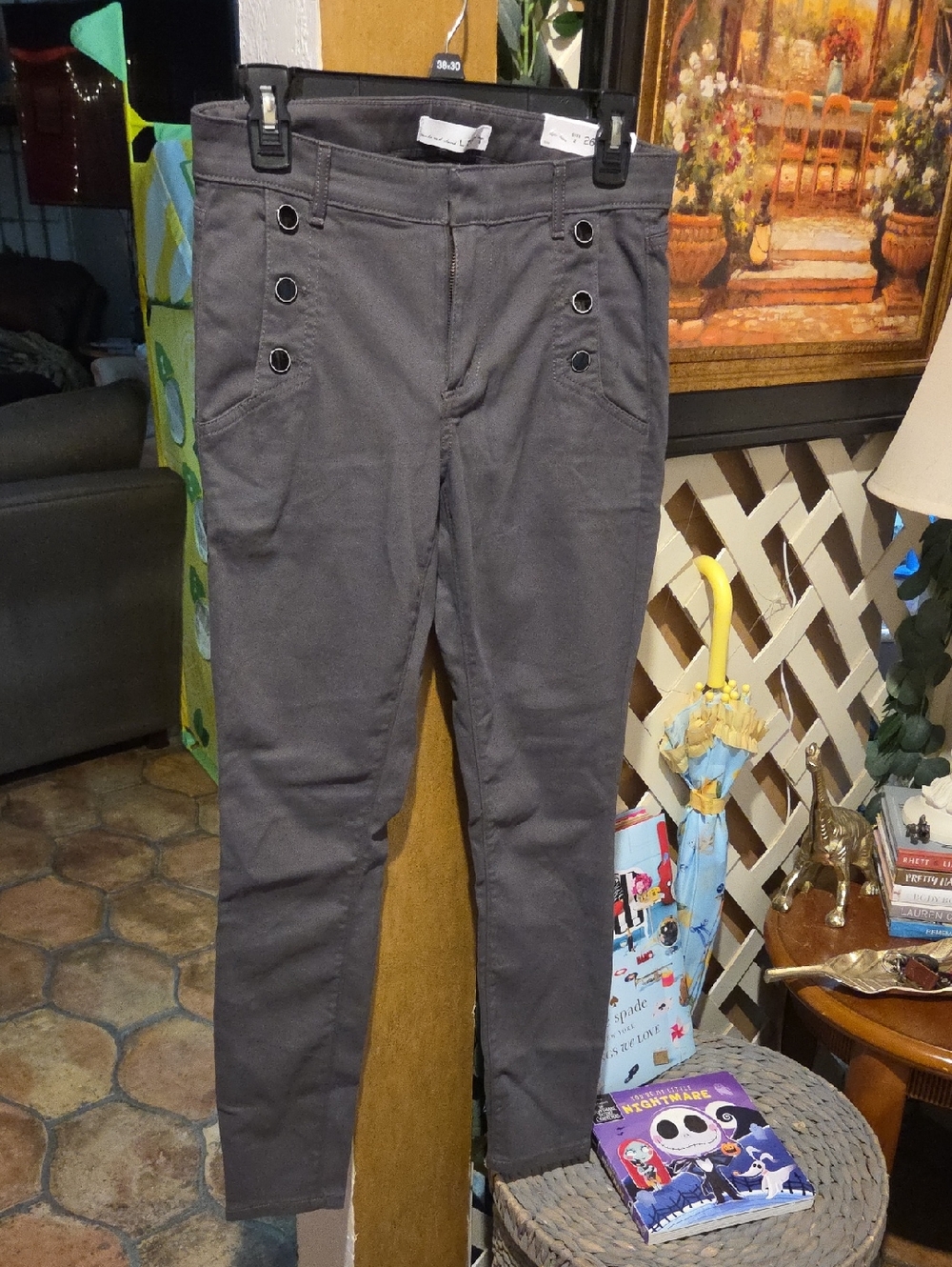 LOFT Gray Slim Chinos with Button Detail